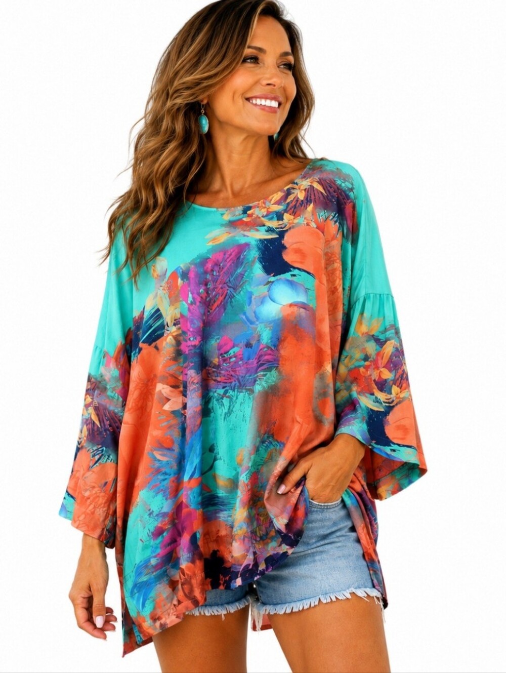 Soft Surroundings Tunic Top Large Tropical Abstract Rayon Spandex Boho Oversized
